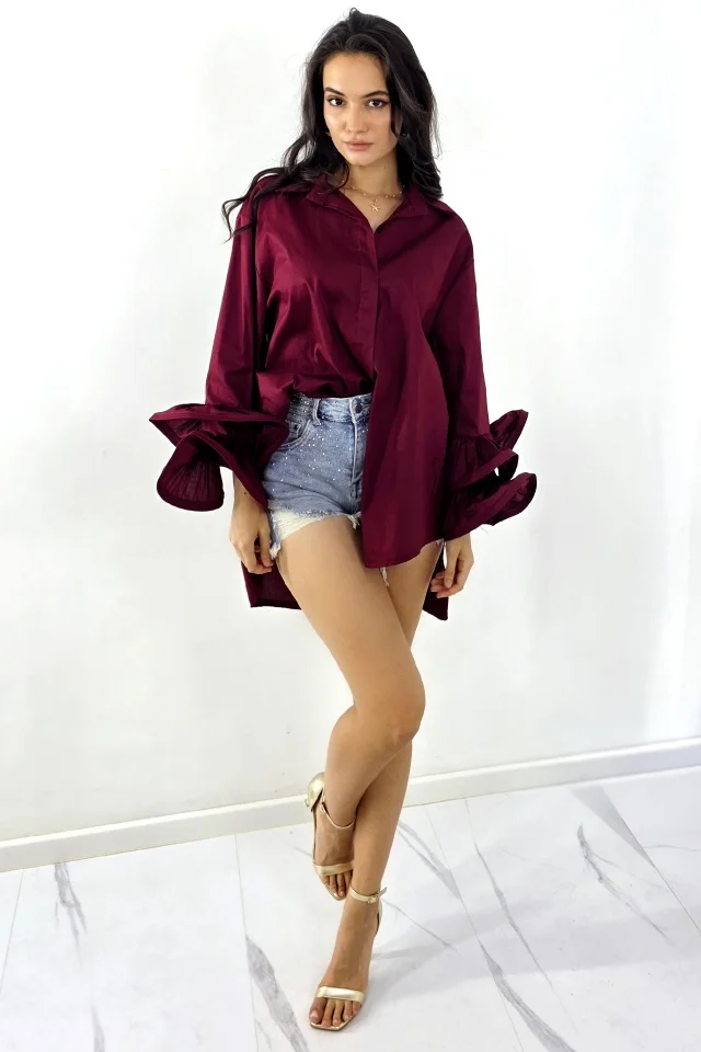 Camasa supradimensionata Sugar LoLLy, lungime asimetrica, cu volane, Bordo, Marime S/M/L