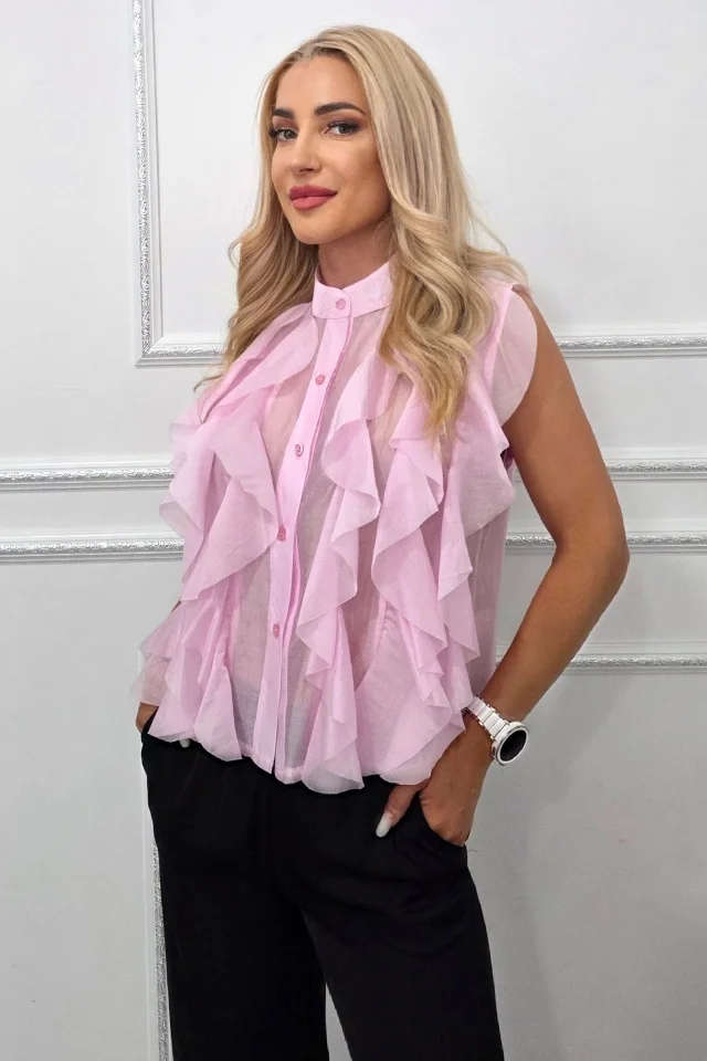 Camasa transparenta din lyocell NIVA, cu volanase, Roz, Marime S/M