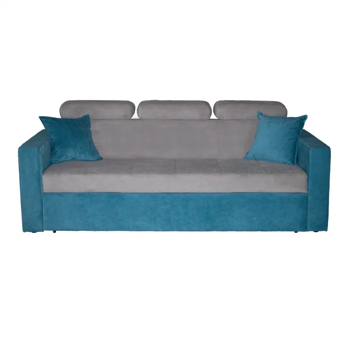 Canapea TESSA extensibila, 3 locuri, tetiere si lada depozitare, turcoaz + gri, 240x90x90 cm
