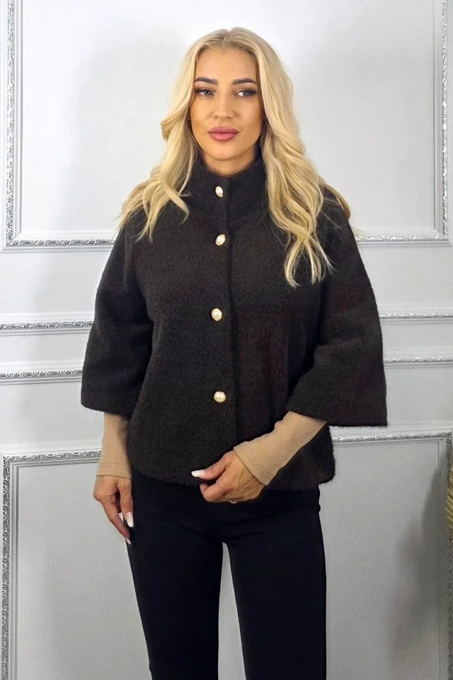 Capa cu maneca trei sferturi, VORRA si butoni perla, Maro, Marime S/M