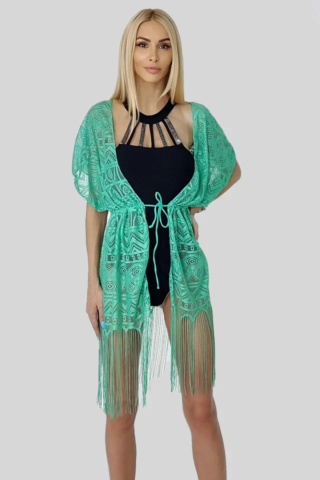 Cardigan de plaja Splendid, cu franjuri, Vernil