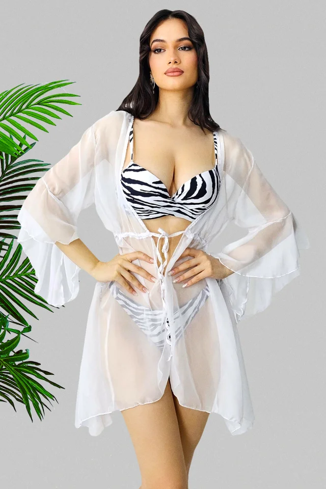 Cardigan scurt de plaja ZyZy, cu maneca evazata si snur in talie, Alb