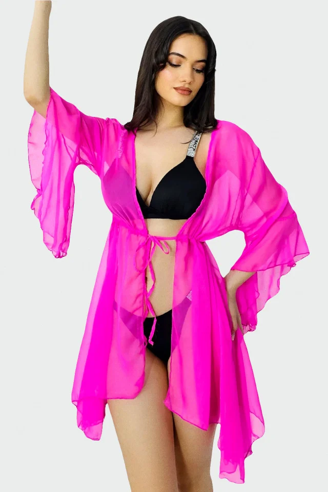 Cardigan scurt de plaja ZyZy, cu maneca evazata si snur in talie, Fucsia