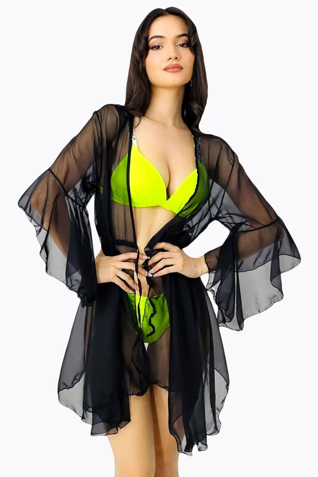 Cardigan scurt de plaja ZyZy, cu maneca evazata si snur in talie, Negru