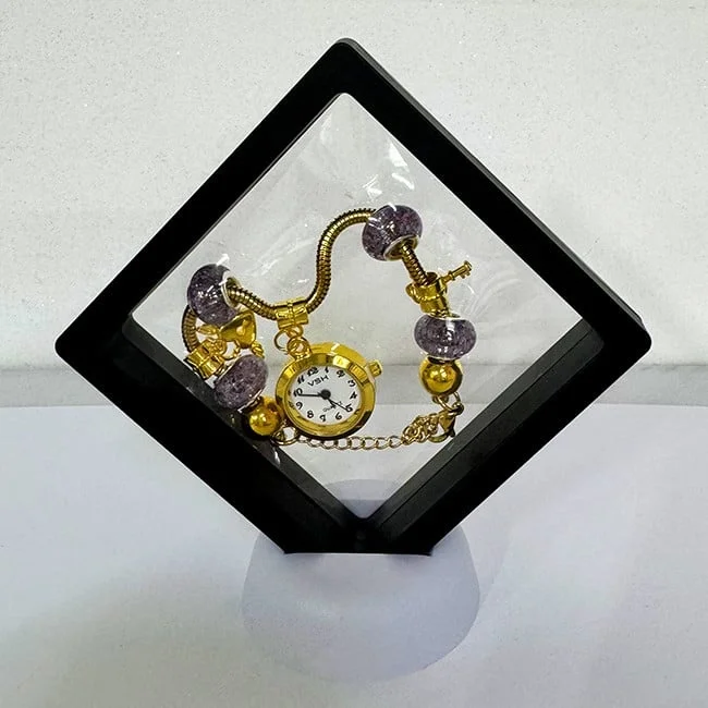 Ceas elegant Gold VSH cu pandativ, margele tip Murano si bratara reglabila, Negru