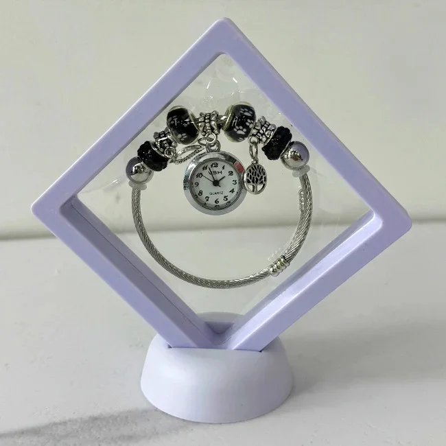 Ceas elegant Silver VSH cu pandativ, margele tip Murano si bratara reglabila, Lila