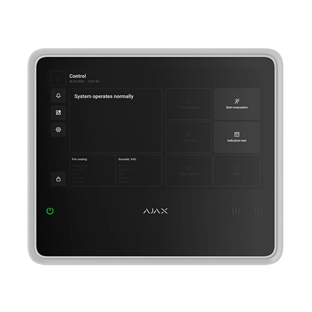 Centrala antiincendiu wireless adresabila Ajax Fire Hub EN 54, grad 2, WiFi, 2G/4G LTE, 868.0 - 922.0 MHz, touch screen 10.1 inch, 40 zone, sirena 60dB, alb