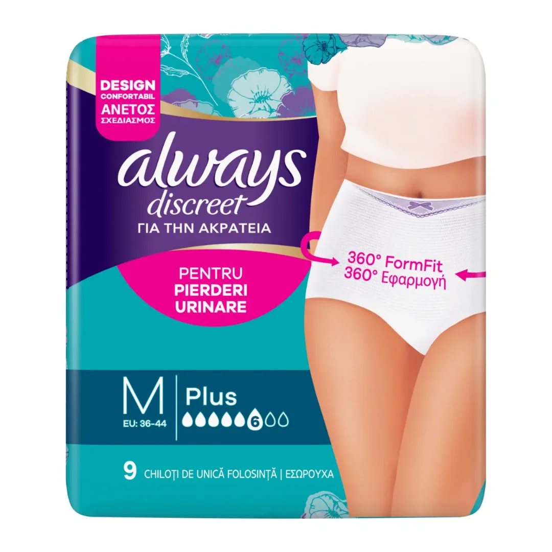 Chiloti pentru incontinenta urinara Discreet Plus, 6 picaturi, Marimea M, 9 bucati, Always