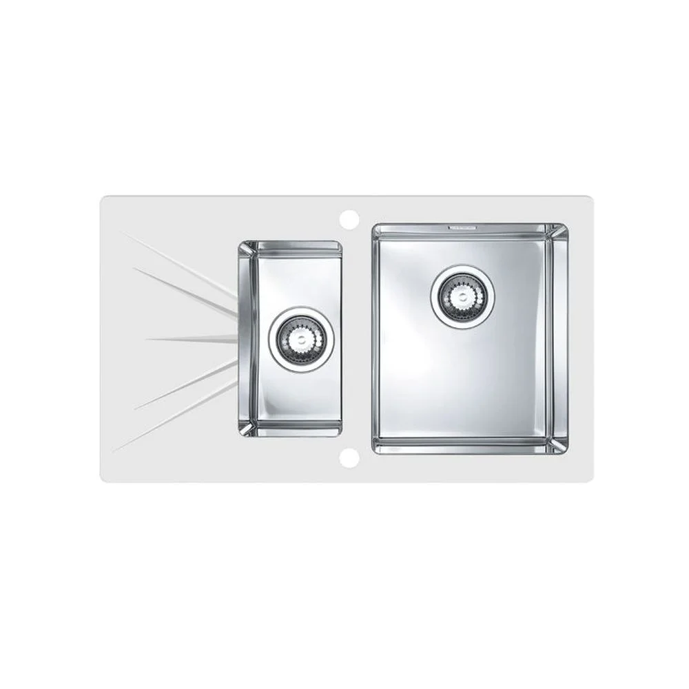Chiuveta bucatarie inox doua cuve si sticla securizata alba, cuva dreapta, Alveus Karat 20