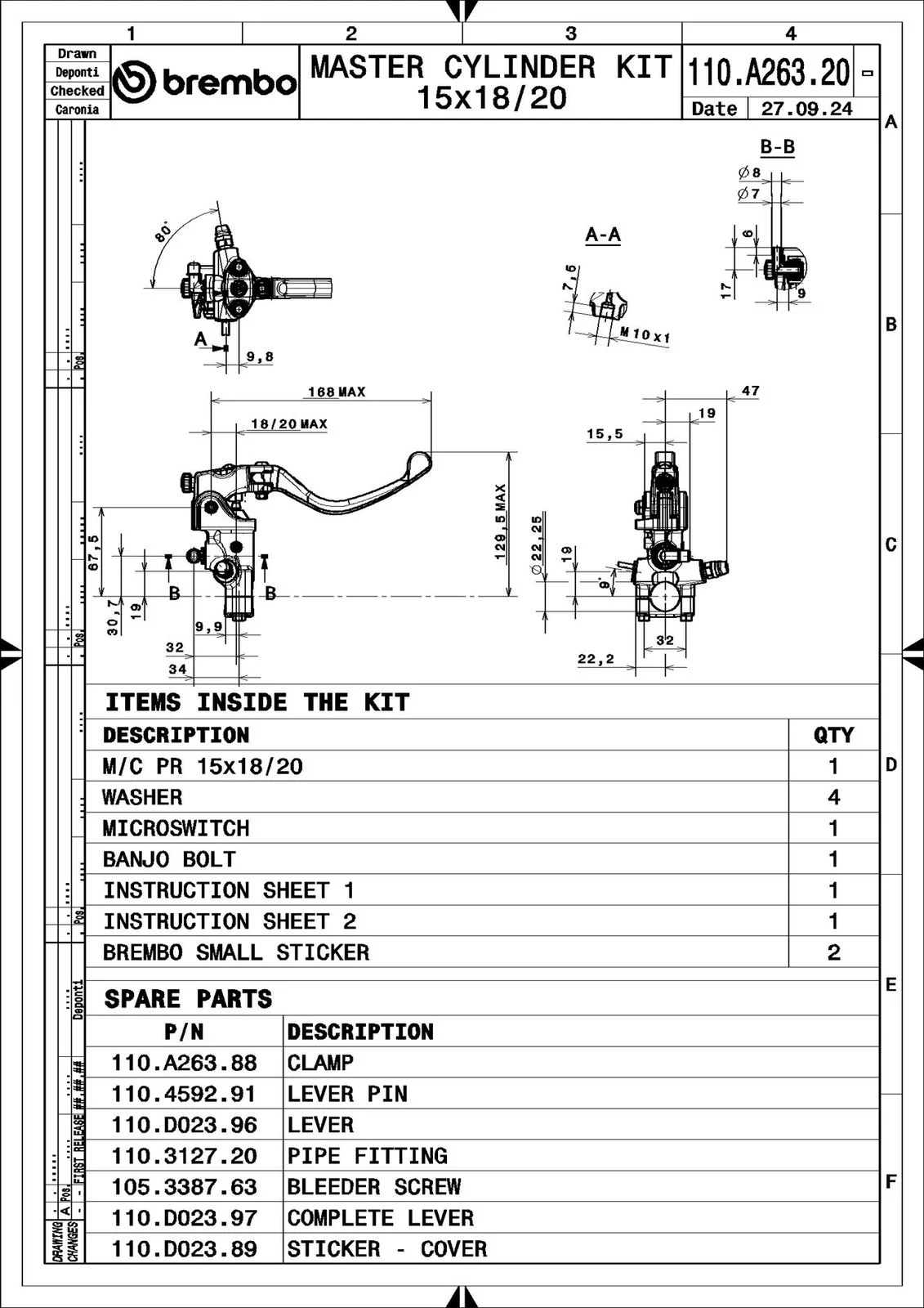 Cilindru frână de mână (vehicul cu 2 roți) BREMBO 110A26320