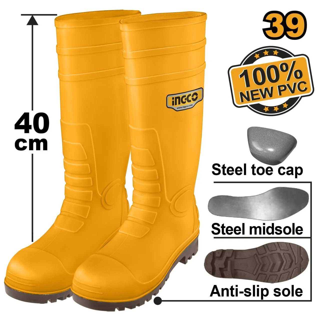 Cizme Cauciuc Galbene cu Varf Talpa Metalica 45 INGCO SSH092S1P.45