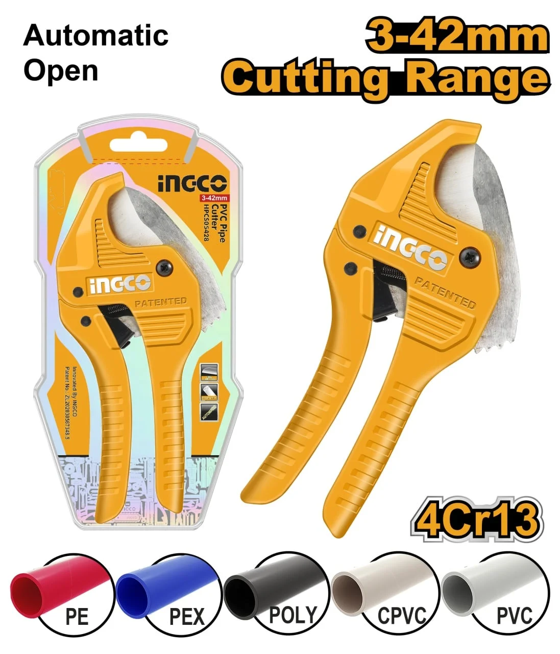 Cleste Taietor Teava PVC/PPR, 193mm, Deschidere Automata, Ø 3–42mm, INGCO HPCS05428 – HPCS05428