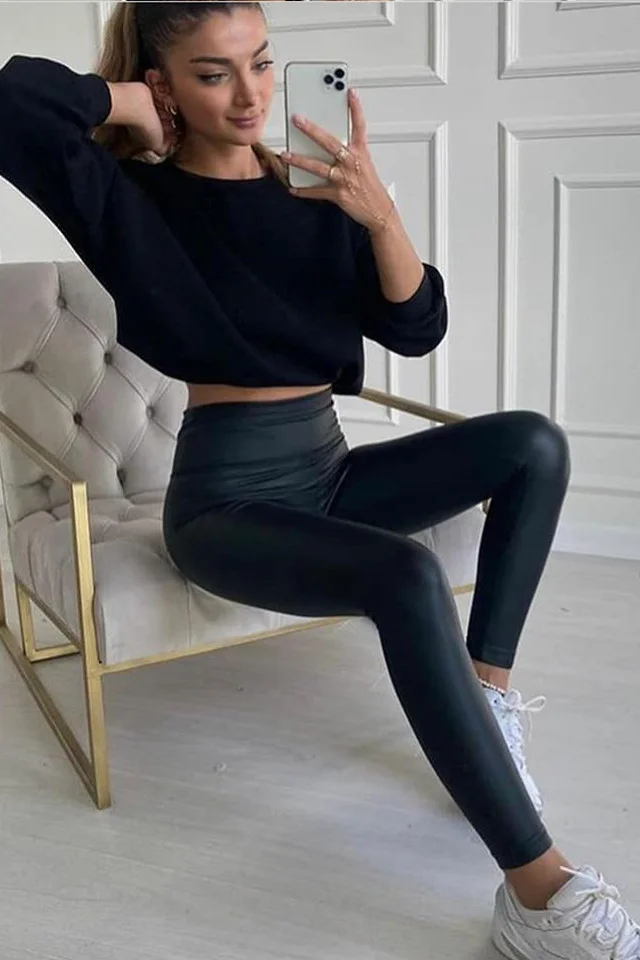 Colanti din piele ecologica cu talie inalta, Negru mat