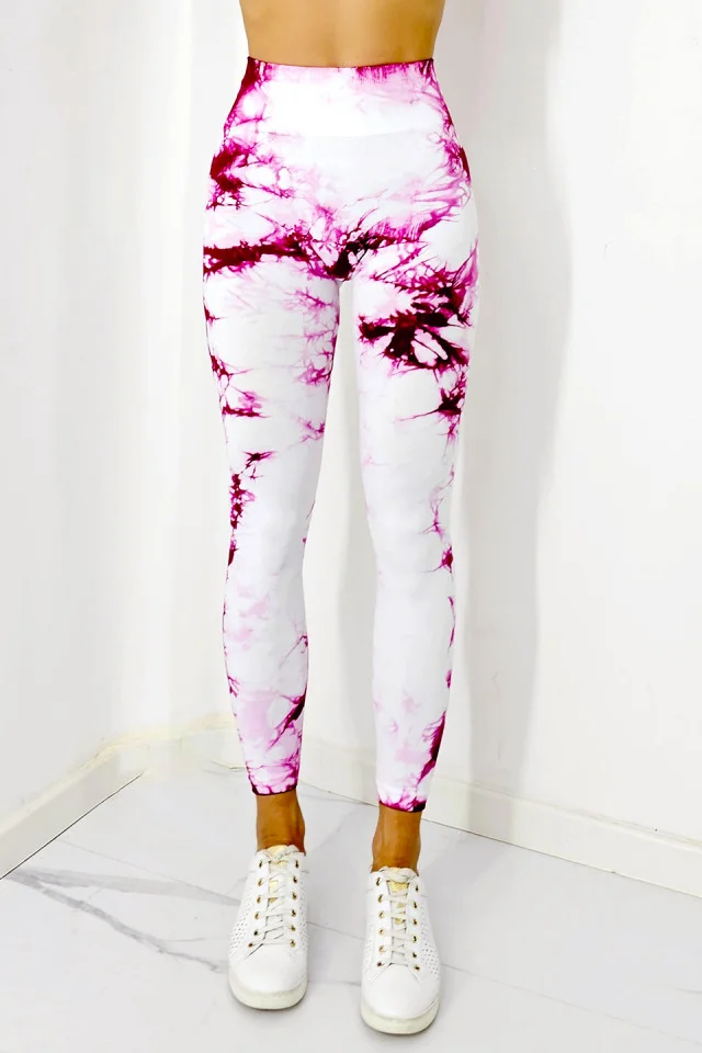 Colanti fitness Kabyn, cu imprimeu, push up si banda modelatoare, Fucsia/Alb