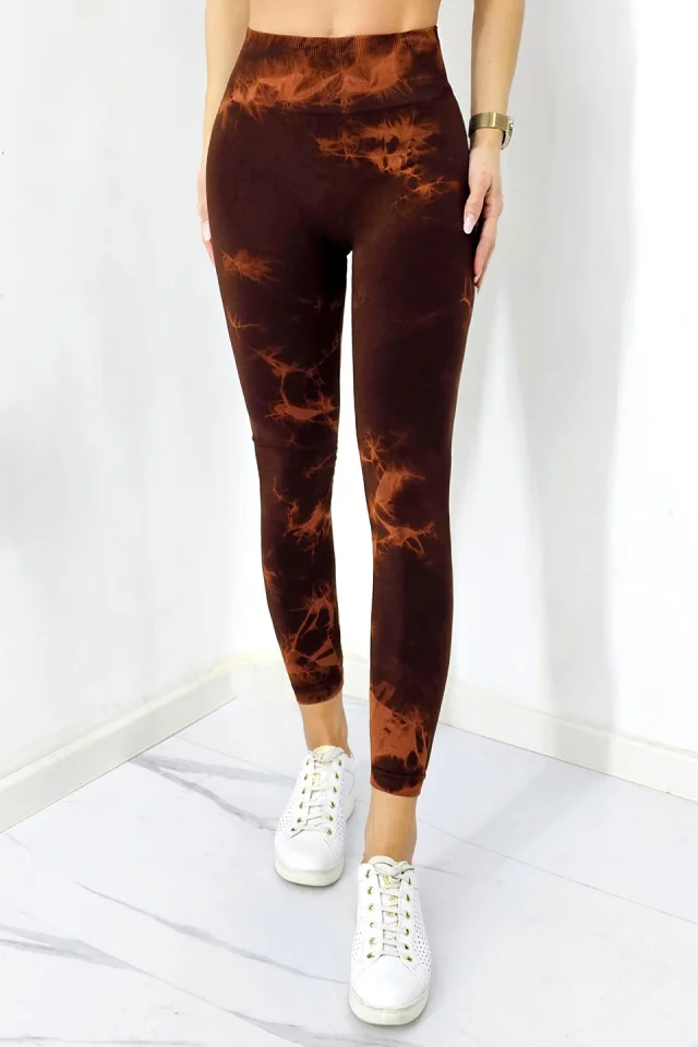 Colanti fitness Kabyn, cu imprimeu, push up si banda modelatoare, Maro/Portocaliu