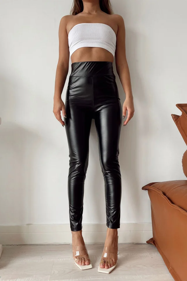 Colanti KYO, din piele ecologica, cu talie inalta si banda lata, Negru