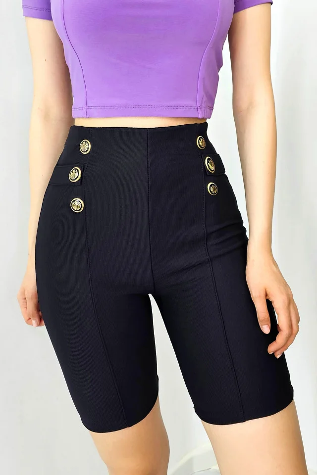 Colanti scurti Anaya, cu textura tetra si butoni metalici, Negru