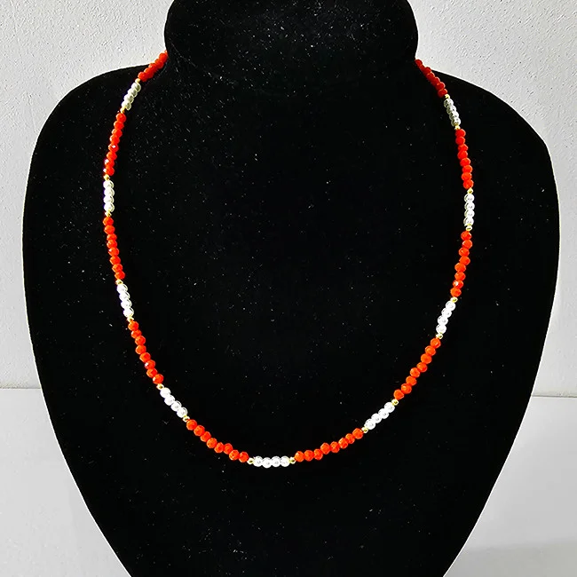 Colier choker Tennis, cu margele fațetate si lungime reglabila, Rosu