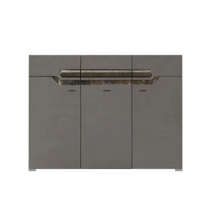 Comoda DAVOS D 12, 3 usi si 3 sertare, soft close, corp PAL nuc inchis, fronturi MDF gri, 130x42x99 cm