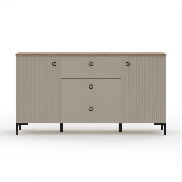 Comoda DOMINICA, 2 usi, 3 sertare, taupe + stejar silverjack, 150x41x81 cm