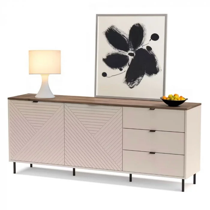 Comoda EVO, 2 usi, 3 sertare, casmir + stejar castello, 183,4x40x75,2 cm