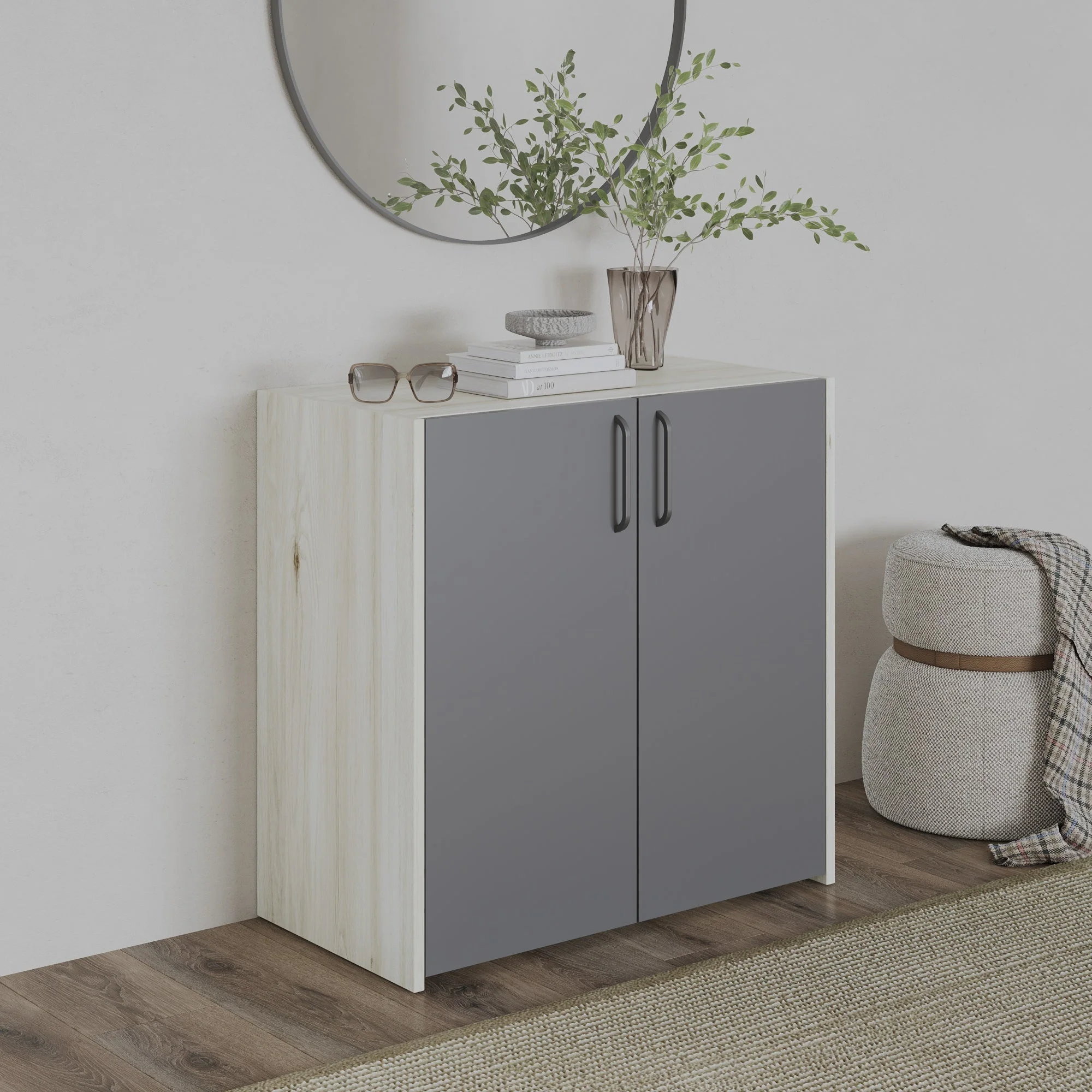 Comoda Malmo, 2 Usi, Stejar Alb/Antracit, 81 x 42 x 80 cm