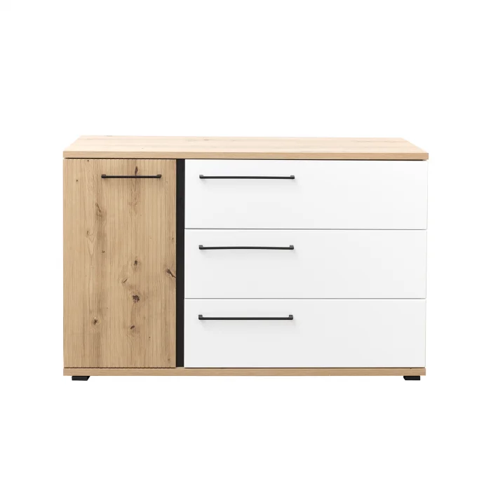 Comoda ML12, cu usa si 3 sertare, corp artisan, fronturi MDF artisan + alb, 130x37x86 cm