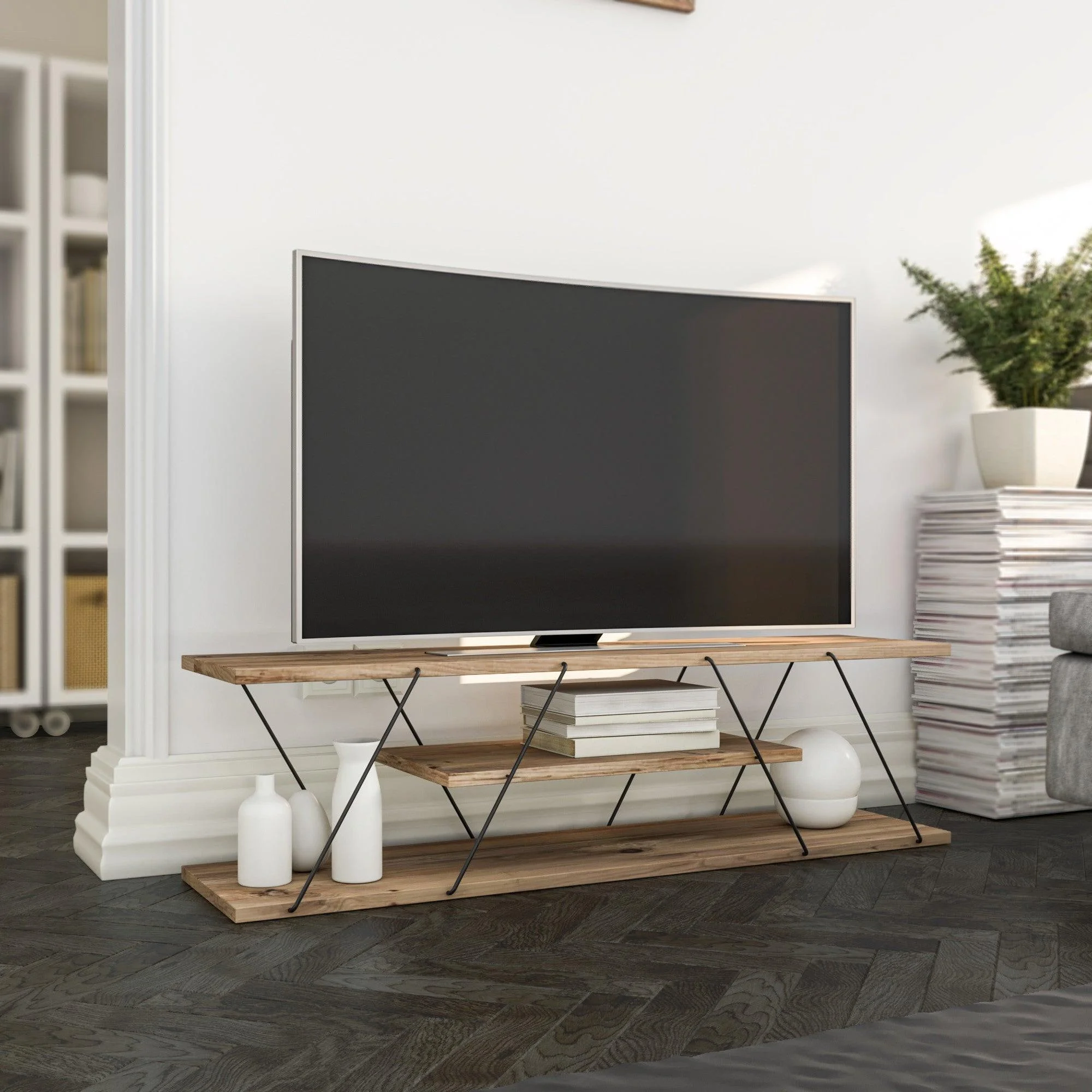 Comoda TV Canaz Negru-Walnut, Stejar - Galben, 120 x 33 x 30 cm