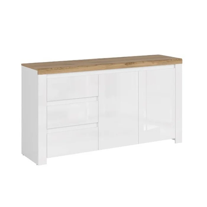 Comoda VIGO, 2 usi, 3 sertare, alb + stejar wotan, 156x41,5x84,5 cm