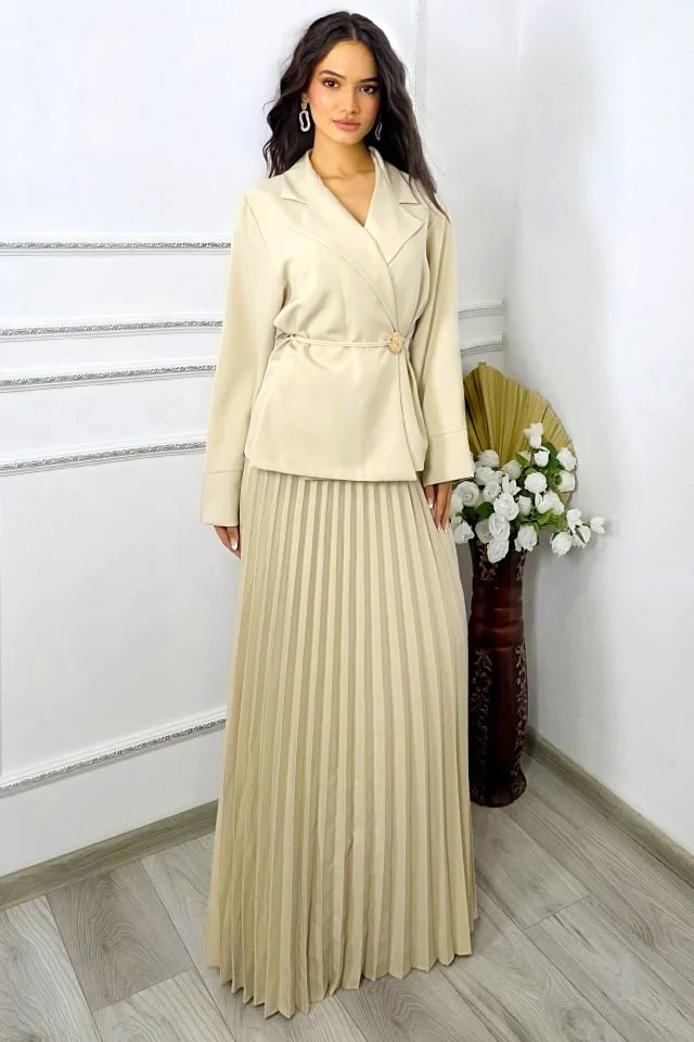 Compleu business LUNIS, cu sacou petrecut si fusta plisata, Crem, Marime S/M/L