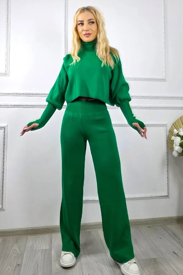 Compleu casual COMFY, bluza cu mansete supradimensionate si pantaloni tricot, Verde, Marime S/M/L