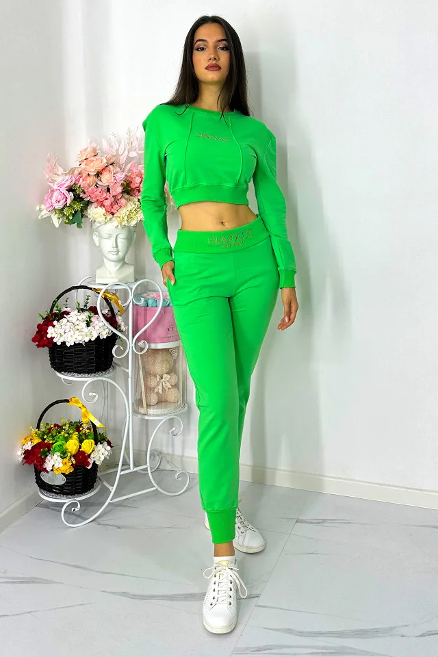 Compleu casual, OlaVogue, pantaloni cu buzunare si bluza crop, Verde