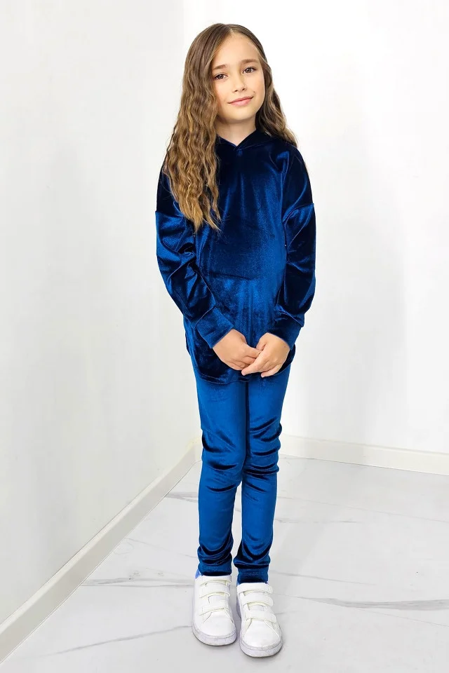 Compleu casual, Zoya Kids, din catifea, cu pantaloni slim si bluza cu gluga, Albastru