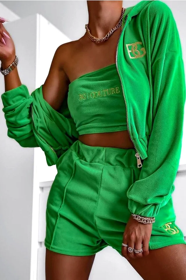 Compleu catifea Kabe, din trei piese, bluza cu fermoar, bustiera si pantaloni scurti, Verde smarald