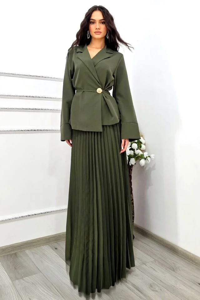 Compleu cu fusta plisata LUNIS, si sacou cu brosa, Verde, Marime S/M/L