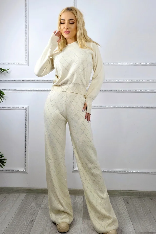 Compleu cu lana si paiete Rewe Mirage, pantaloni si jerseu, Crem, Marime S/M/L