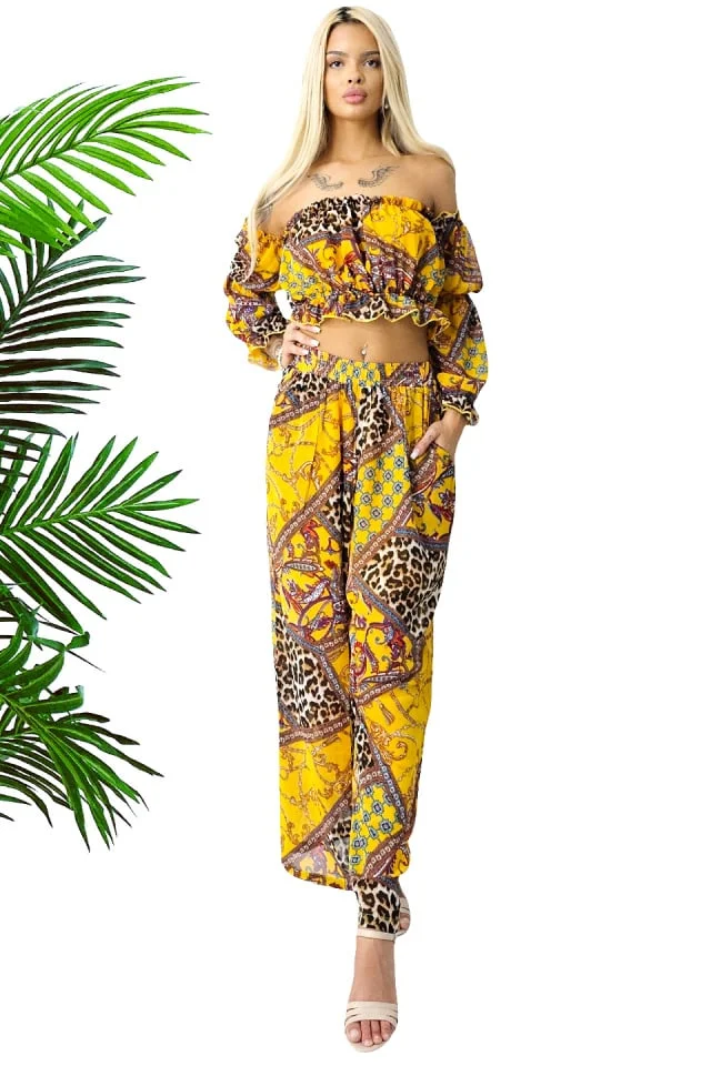 Compleu de vara Bouquet, pantaloni lejeri si camasa cu volane, Galben Leopard, Marimea S/M/L
