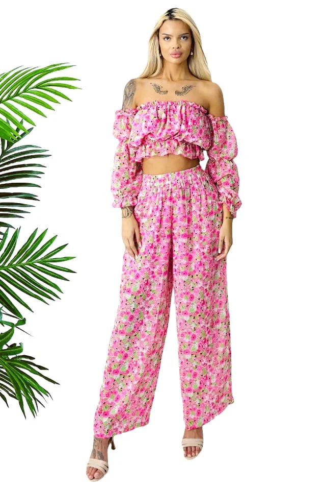 Compleu de vara Bouquet, pantaloni lejeri si camasa cu volane, Roz, Marimea S/M/L