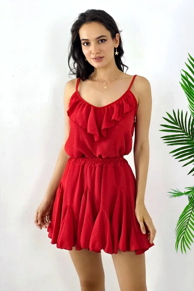 Compleu de vara cu textura creponata Calipso, cu top si fusta pantalon efect 3D, Rosu, Marime S/M