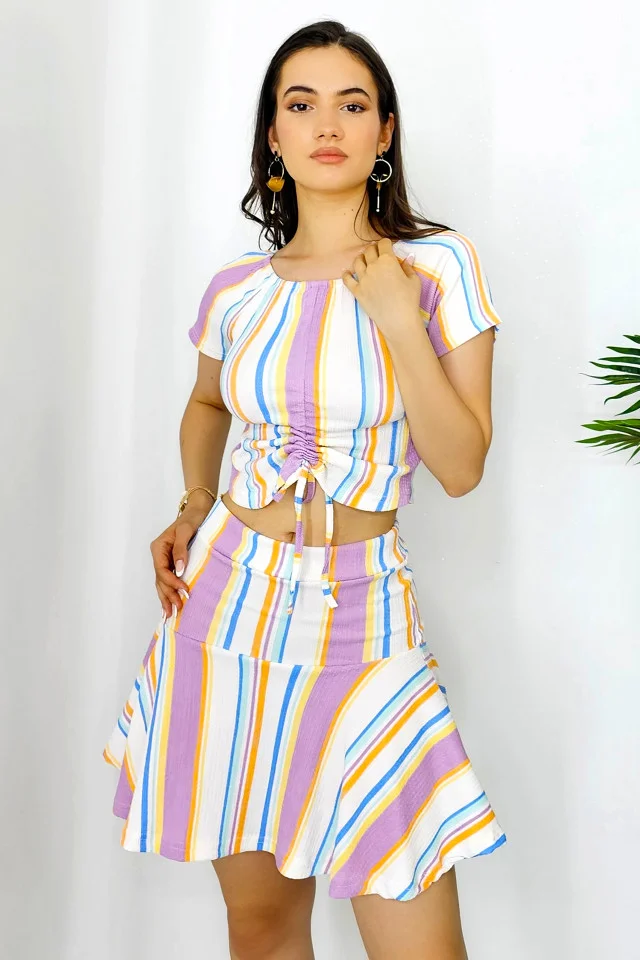 Compleu de vara Mariposa, cu fusta sport si bluza cu snur, Lollipop, Lila