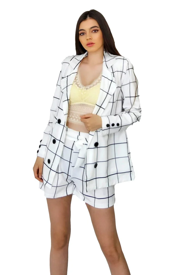 Compleu elegant Haven, sacou lung si pantaloni scurti cu cordon detasabil, Alb