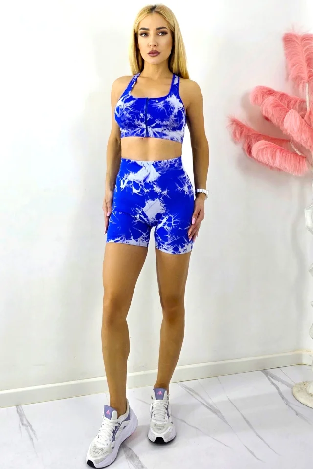Compleu fitness ZAMIR, top cu fermoar si colanti scurti push up, Albastru-Alb