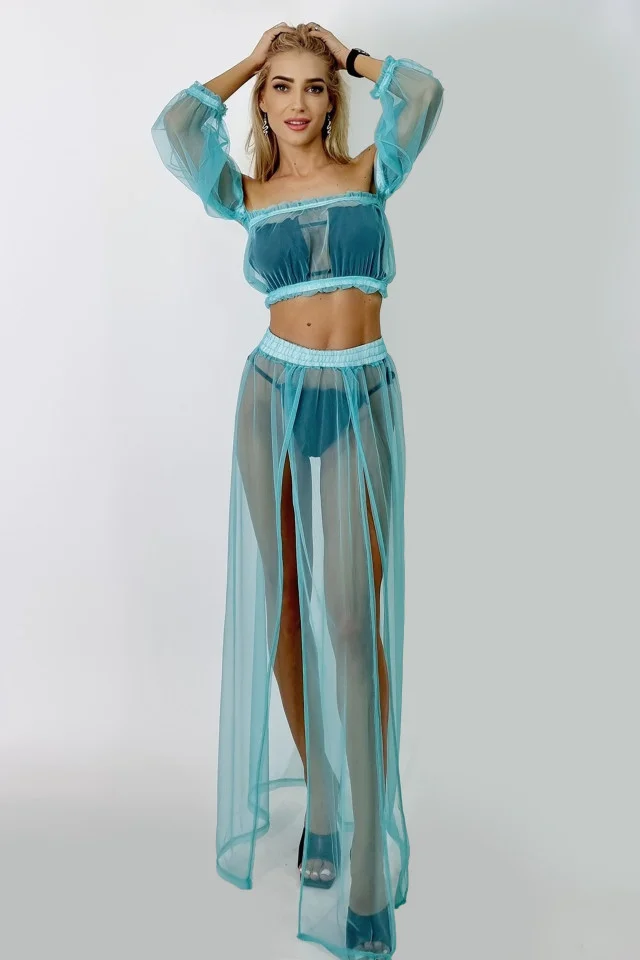 Compleu plaja Naila, din plasa, cu fusta si top scurt, Turquoise, Marime universala S/M