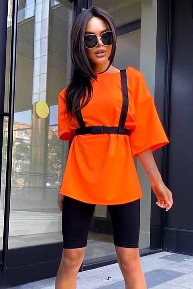 Compleu sport Cibyl, tricou lung cu ham si colanti scurti, Orange