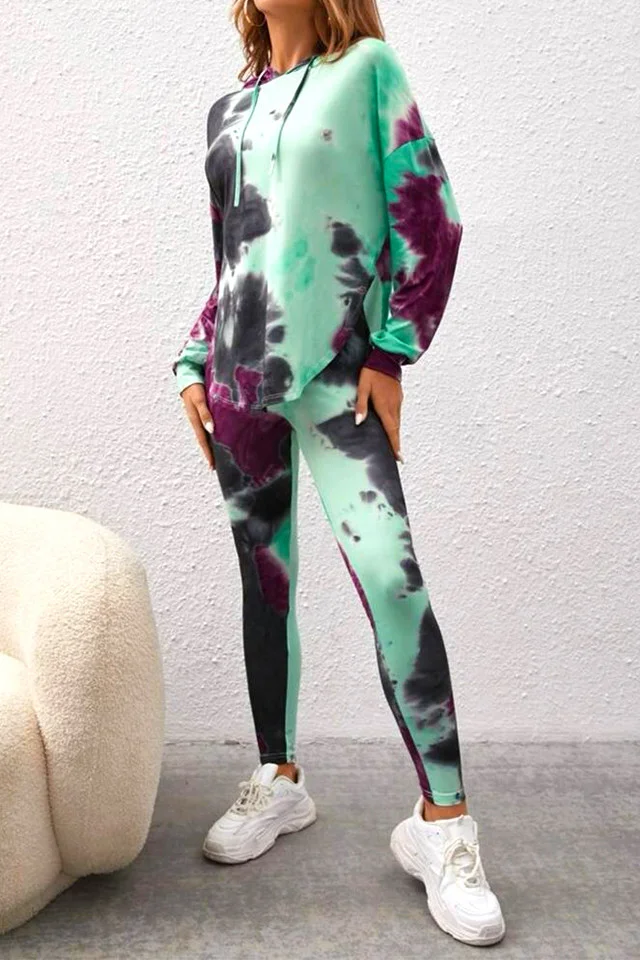 Compleu sport Fussion, cu imprimeu pastel, colanti si bluza lunga cu gluga, Verde