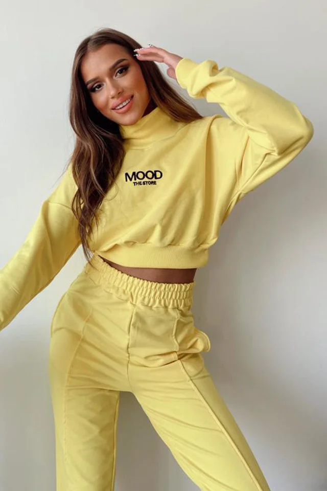 Compleu sport Mood, pantaloni si bluza pe gat, Galben