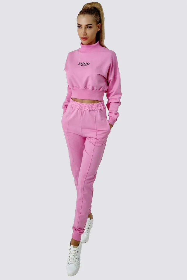 Compleu sport Mood, pantaloni si bluza pe gat, Roz