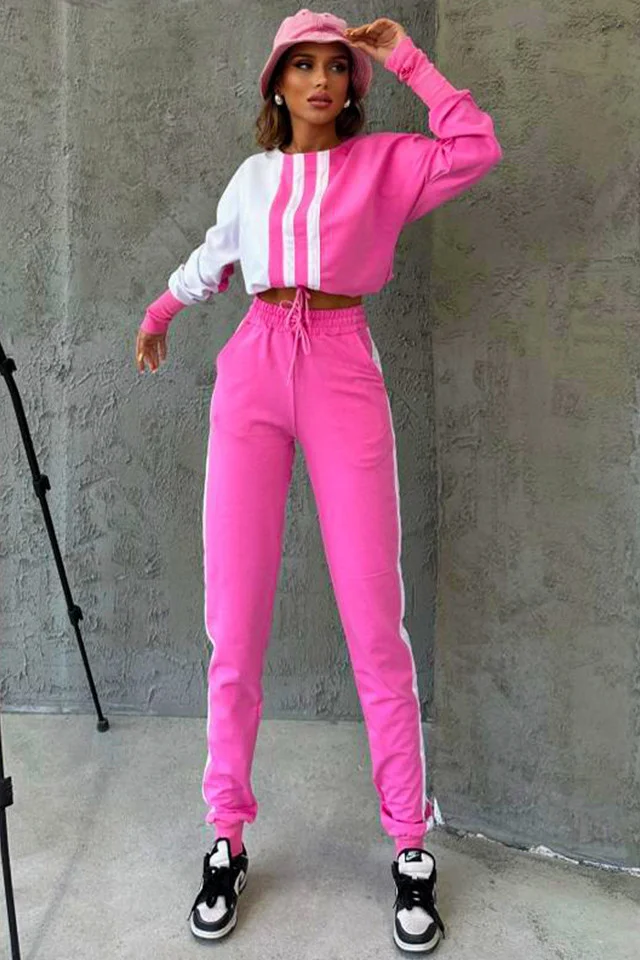 Compleu sport One Balance, bluza cu manseta tip manusa, snur in talie si pantaloni cu banda elastica, Roz