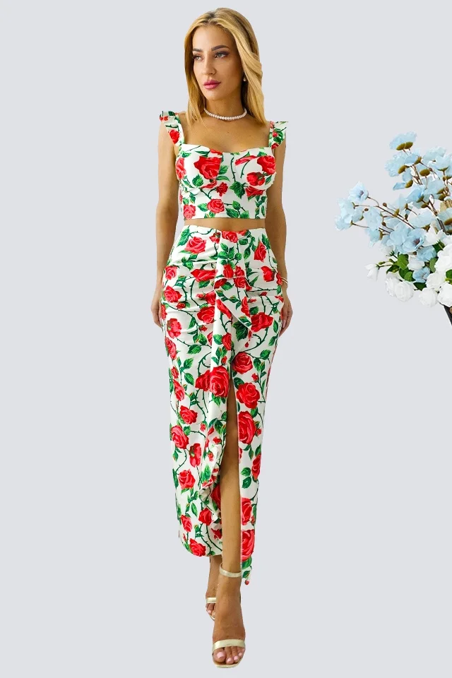 Compleu Summer Party, top cu volane si fusta cu imprimeu trandafiri, Crem, Marime S/M