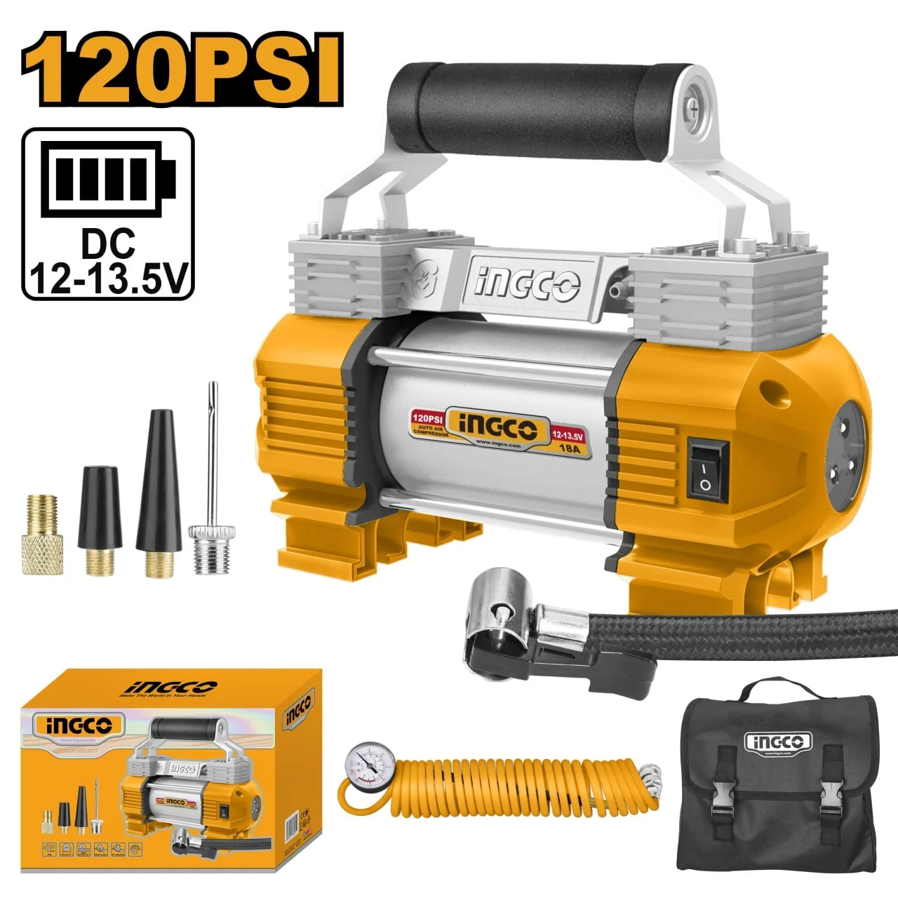 Compresor aer Auto 12V cu 2 Cilindri 8bar, 120PSI Ingco AAC2508